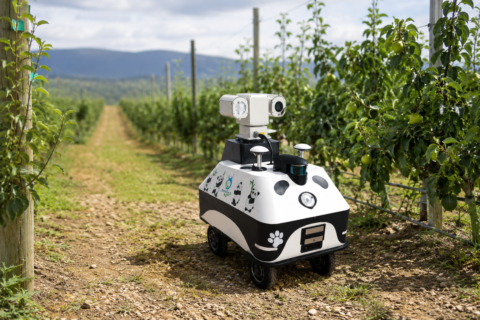 Autonomous wheeled agricultural inspection robot with AI vision system monitoring apple orchard rows for crop health and pest detection in smart farming operation