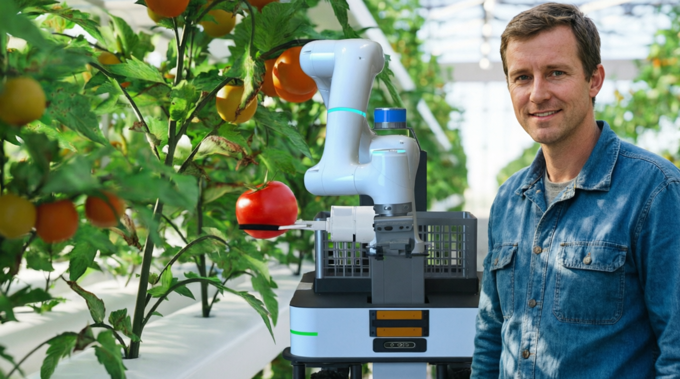 AI vision autonomous tomato picking robot with 7-axis collaborative robotic arm, unmanned mobile agricultural harvesting machinery for modern greenhouse fruit cultivation from China manufacturer