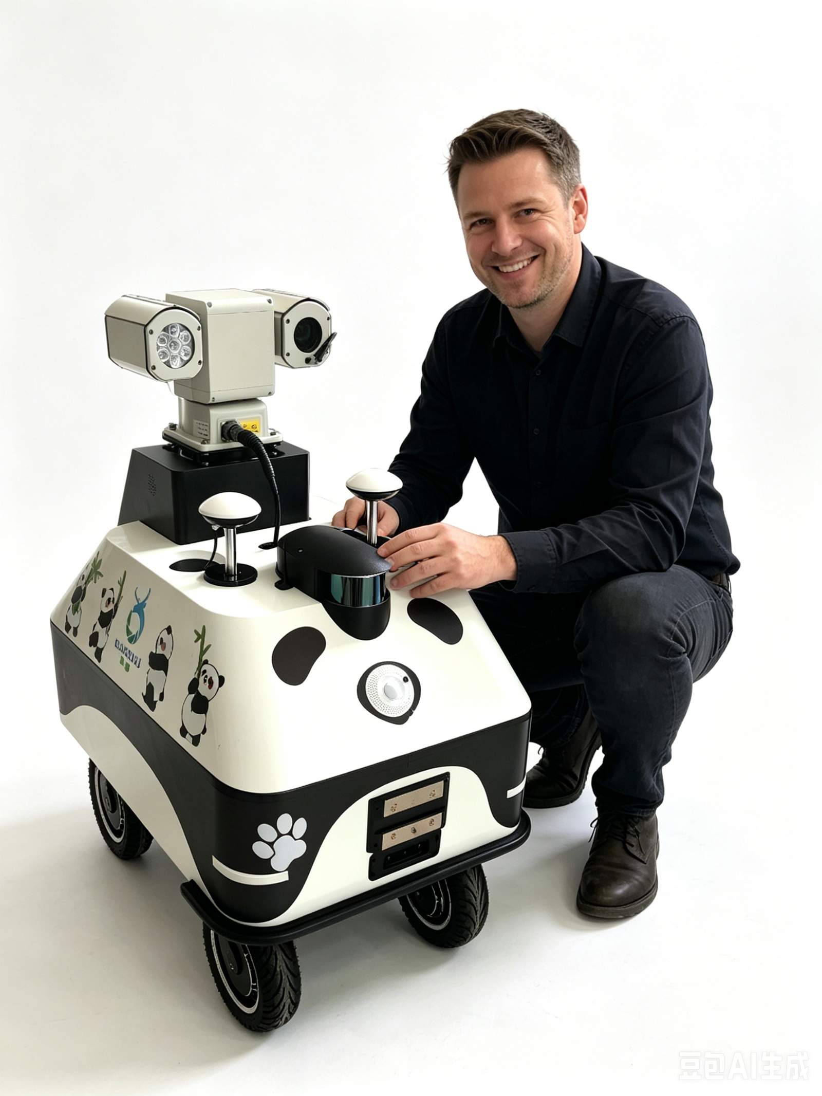 Technical specifications of intelligent wheeled farm inspection robot showing 100 TOPS processor, 25x optical zoom camera, RTK GPS IMU navigation system, and multi-sensor capabilities